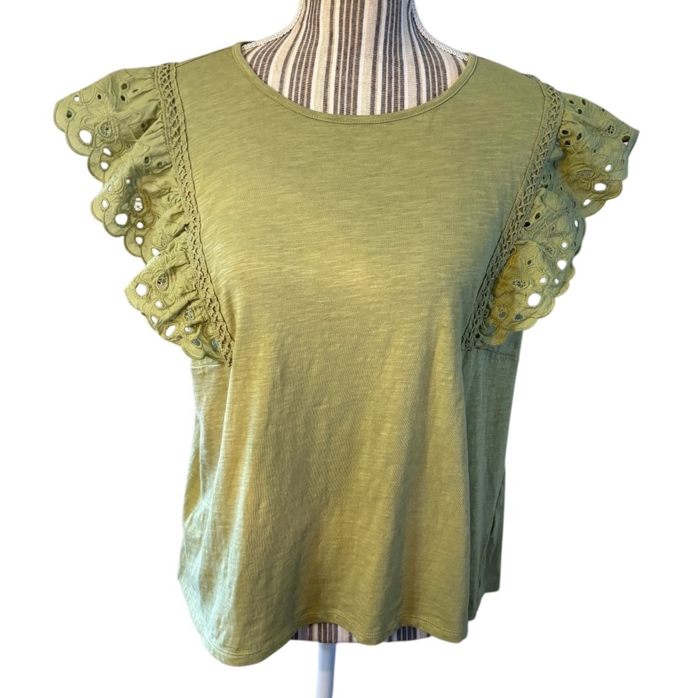 LC Lauren Conrad Top XXL Sage Green Eyelet Ruffle Sleeves 100% Cotton Round Neck